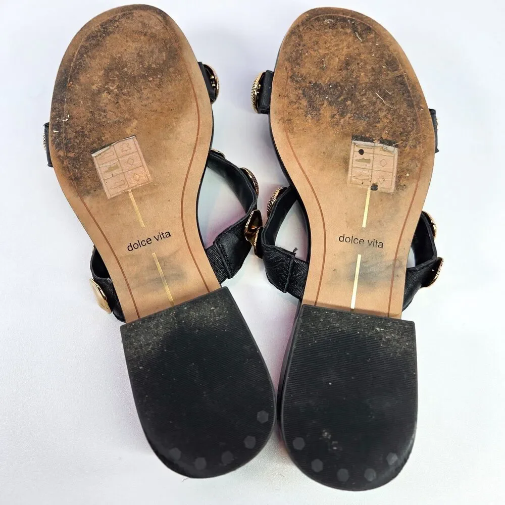 Dolce Vita Farrow Studded Slide Sandals Black Gold Women’s Size 7
